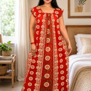 Red Rajwadi Square Neck pleat Nighty