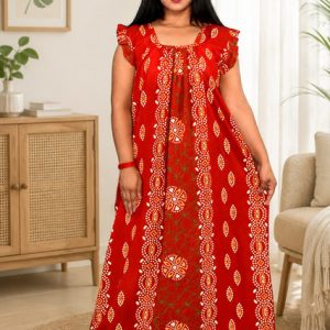 Red Rajwadi Square Neck pleat Nighty