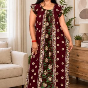 Maroon Rajwadi Square Neck pleat Nighty