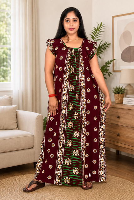 Maroon Rajwadi Square Neck pleat Nighty