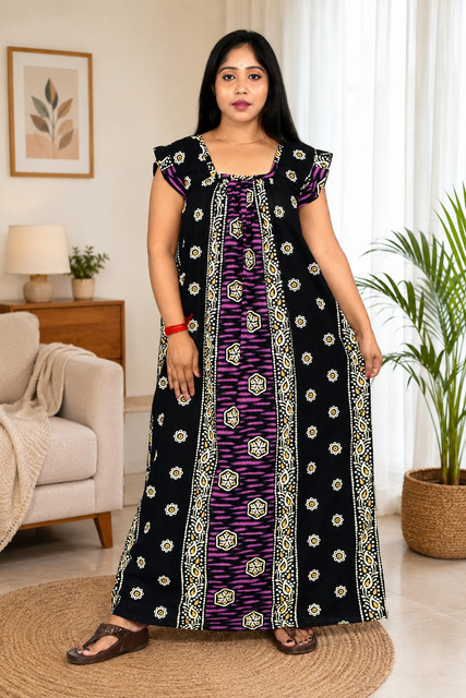 Navy Blue Rajwadi Square Neck pleat Nighty