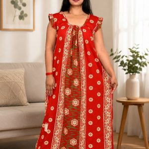 Red Rajwadi Square Neck pleat Nighty