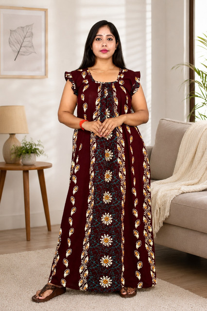 Maroon Rajwadi Square Neck pleat Nighty