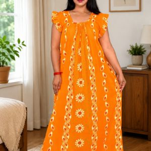 Yellow Rajwadi Square Neck pleat Nighty