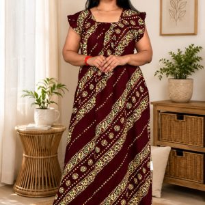 Maroon Rajwadi Square Neck pleat Nighty