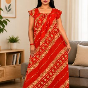 Red Rajwadi Square Neck pleat Nighty