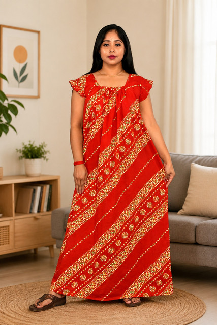 Red Rajwadi Square Neck pleat Nighty